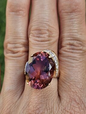 14k Gold Ring with Large Plum Amber and Pavé Diamonds